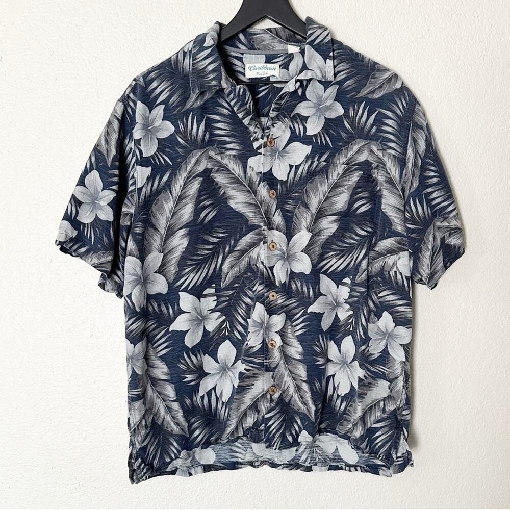 Caribbean Pure Silk Short Sleeve Hawaiian Floral Shirt Blue Size‎ Large